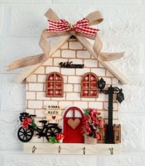 Hediye Çeyizlik Taş Desenli Kurdeleli Ahşap 23 X 25 Anahtarlık Askısı