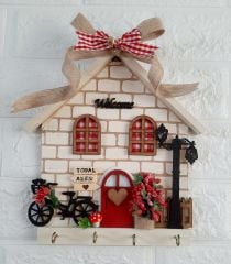 Hediye Çeyizlik Taş Desenli Kurdeleli Ahşap 23 X 25 Anahtarlık Askısı