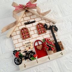 Hediye Çeyizlik Taş Desenli Kurdeleli Ahşap 23 X 25 Anahtarlık Askısı