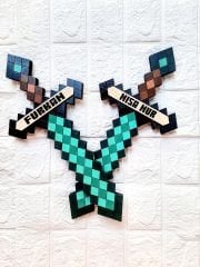 Elmas Kılıcı Minecraft 2 Adet Ahşap Duvar Dekoru - Kişiye Özel İsim - El İşçiliği Boyama 40x18 cm