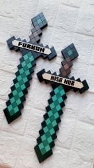 Elmas Kılıcı Minecraft 2 Adet Ahşap Duvar Dekoru - Kişiye Özel İsim - El İşçiliği Boyama 40x18 cm