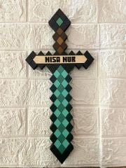 Elmas Kılıcı Minecraft Çocuk Odası Duvar Dekoru - Kişiye Özel İsim - El İşçiliği Boyama 40x18 cm