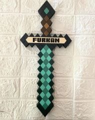 Elmas Kılıcı Minecraft Çocuk Odası Duvar Dekoru - Kişiye Özel İsim - El İşçiliği Boyama 40x18 cm